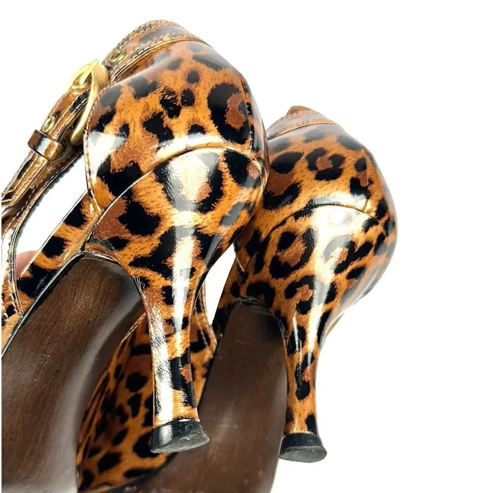 Stuart Weitzman Patent Leather Leopard Animal Print Peep Toe Pumps 6 1/2